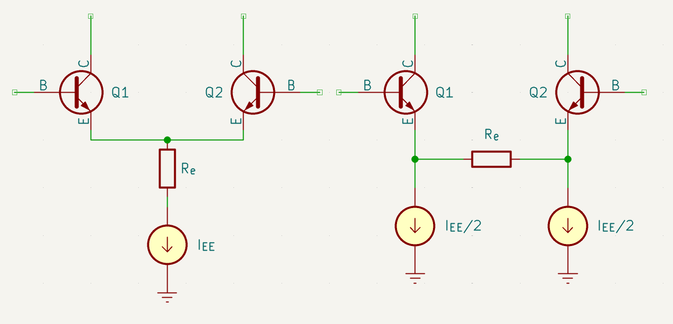 Joined and split tail emitter degenerated differential pairs. They’re functionally equivalent.